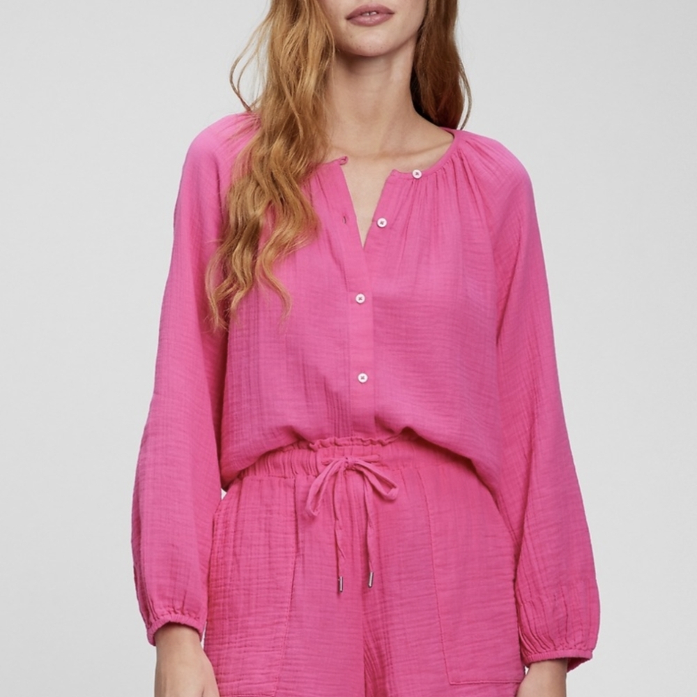 Gap blouse Crinkle Gauze Boatneck Button-Front Top cotton hot pink Large